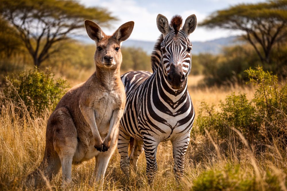 An AI-generated photo of a kangaroo & zebra in the wild.