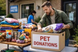 A man donating pet supplies at an animal shelter. AI Generated.