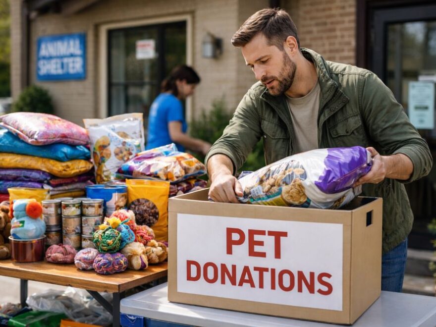A man donating pet supplies at an animal shelter. AI Generated.