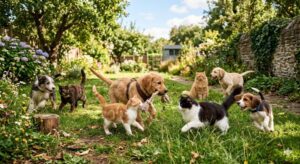 AI generated images of dogs & cats playing outside.