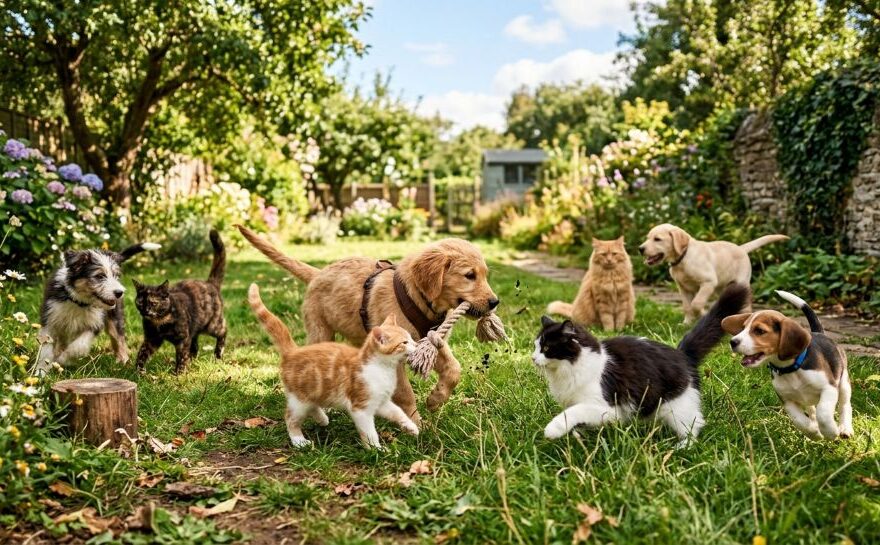 AI generated images of dogs & cats playing outside.